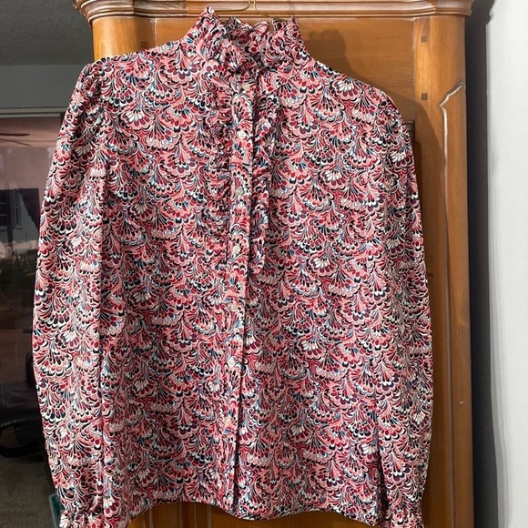 Lucky Winner Tops - Lucky Winner Vintage Ruffle High‎ Neck Blouse Womens Size L Red Pink Psychedelic